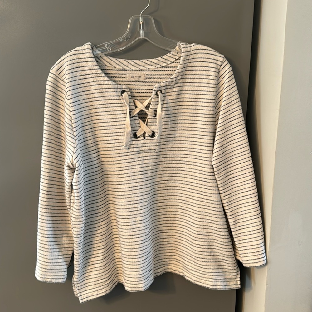 Madewell Cream and Black Striped Lace-Up Knit Top